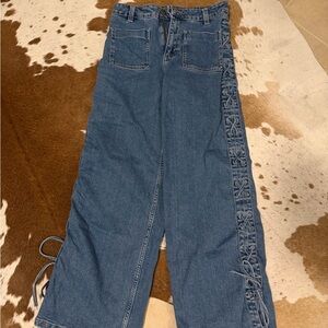 Wide Leg Lace-Up Side Detail Women's Jeans - Blue